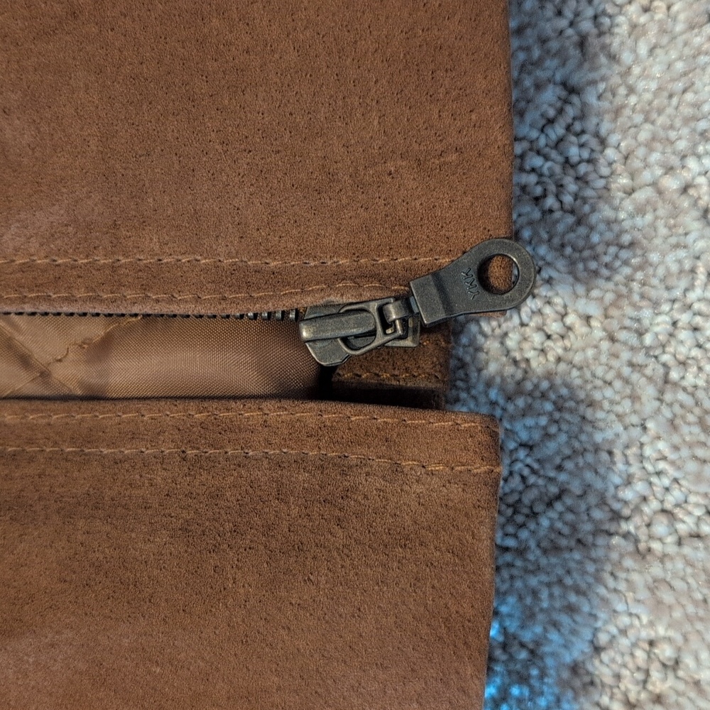 Brown 100% Leather Zip Up Jacket With Fringe Arms. Comint Brown Leather Coat - Picture 10 of 15